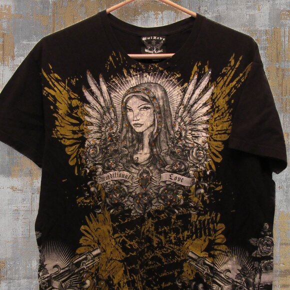 Bulzeye Black Label Couture T-Shirt Unconditional Love Rhinestones Bling Pray XL - Picture 1 of 12